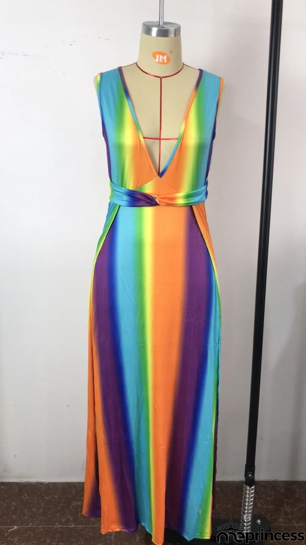 Summer Plus Size Deep-V Side Slit Sleeveless Sexy Rainbow Long Maxi Dress