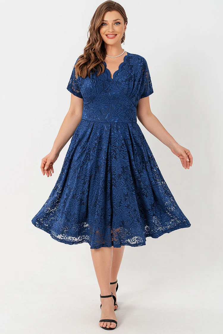 Flycurvy Plus Size Mother Of The Bride Navy Blue Lace V Neck Tunic Midi Dress  Flycurvy [product_label]