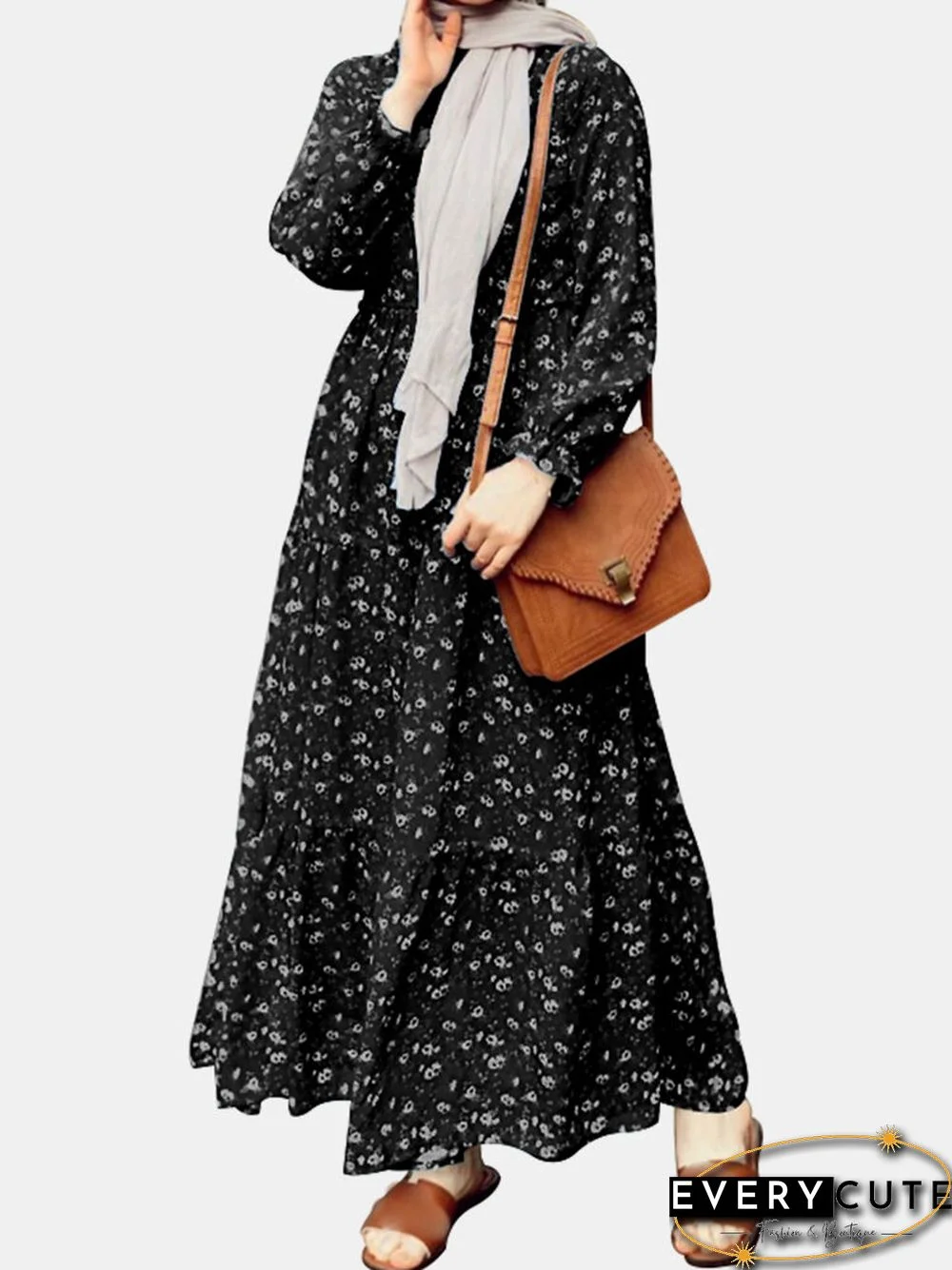 Floral Print Ruffle Long Sleeve Casual Muslim Dress for Women