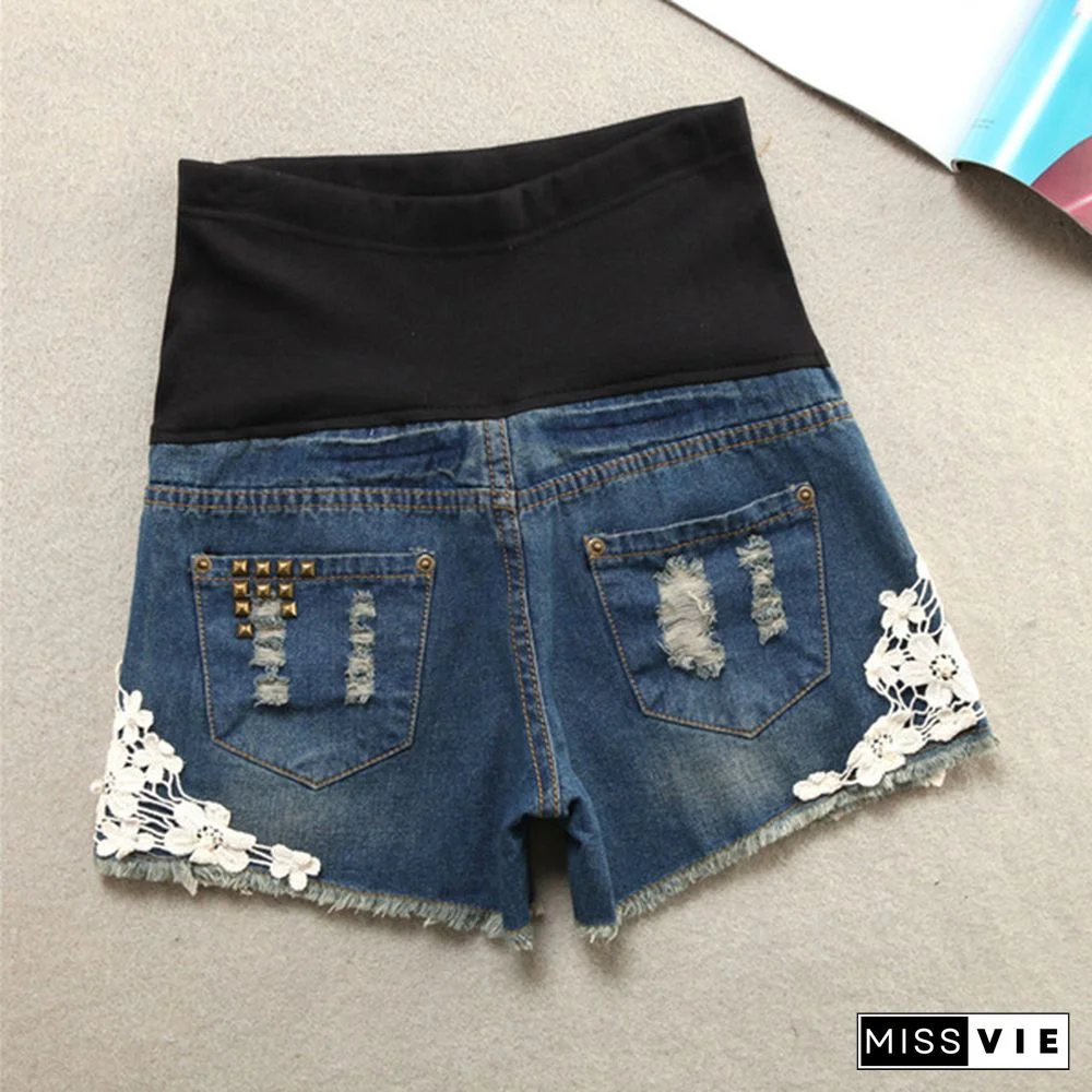 Summer Maternity Ripped Denim Shorts for Pregnant Women Pregnancy Low Waist Belly Loose Shorts