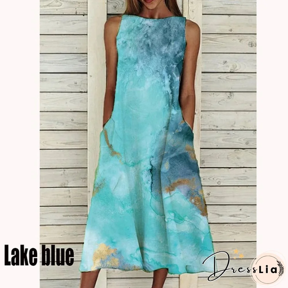 XS-5XL Plus Size Fashion Women Summer Casual Tops Elegant Sleeveless Print A-Line Dress Round Neck Casual Party Dresses Girls Sweet Dress