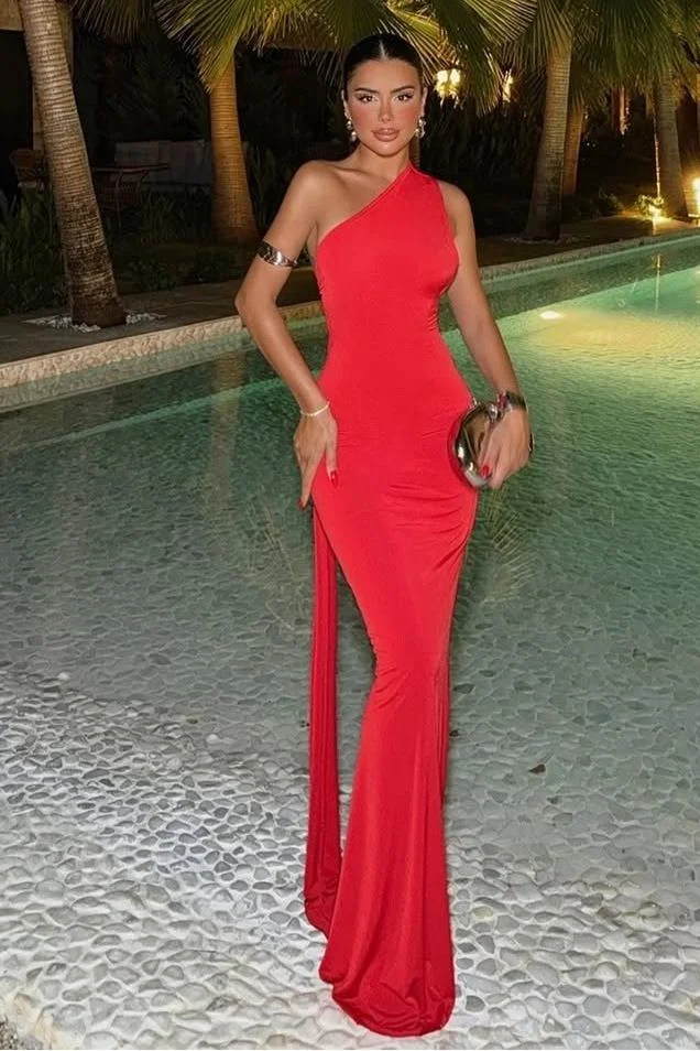 One Shoulder Sleeveless Mermaid Long Prom Dress With Ruffles XJ0292