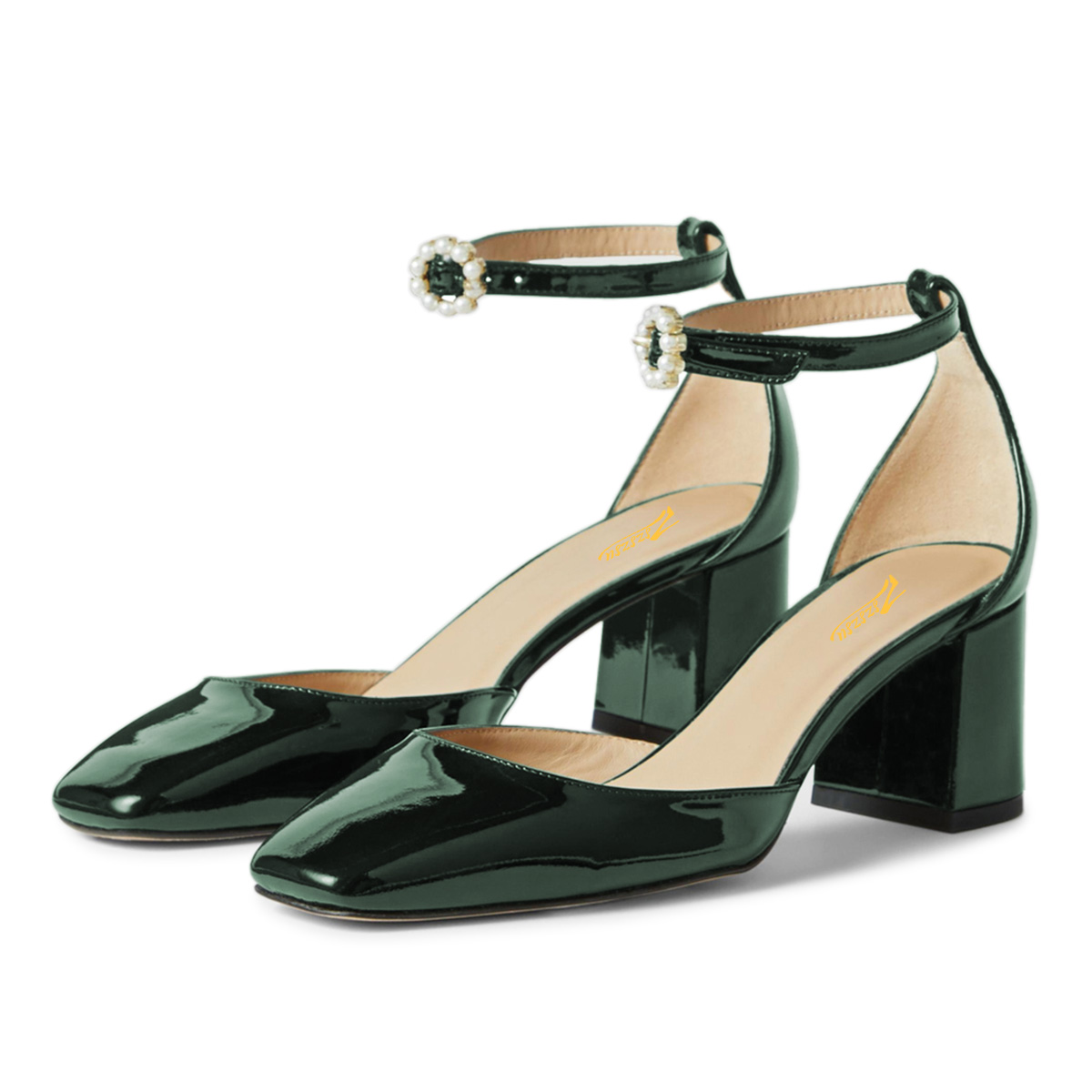 Dark Green Pearl Buckle Strap Square Toe Block Heel Pumps for Women Nicepairs