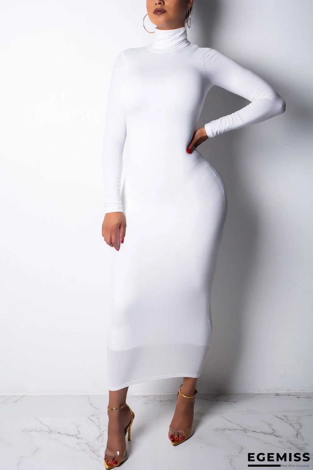 White Fashion Sexy High Neck Long Sleeve Dress | EGEMISS