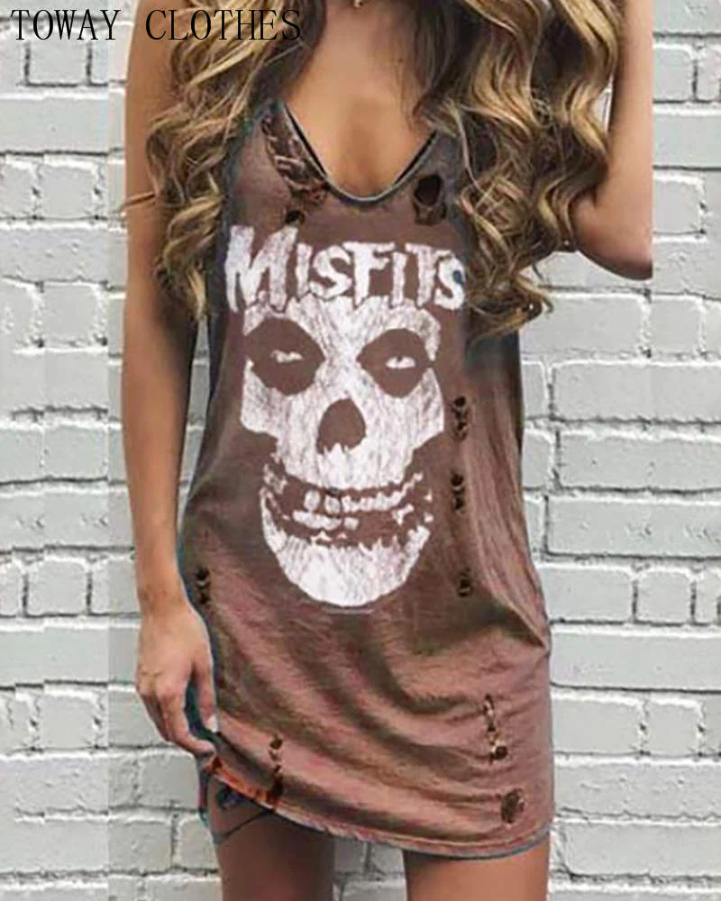 Women Summer Skull Lips Leopard Print Sleeveless Cami Mini Dress Hole Vest Punk Plus Size