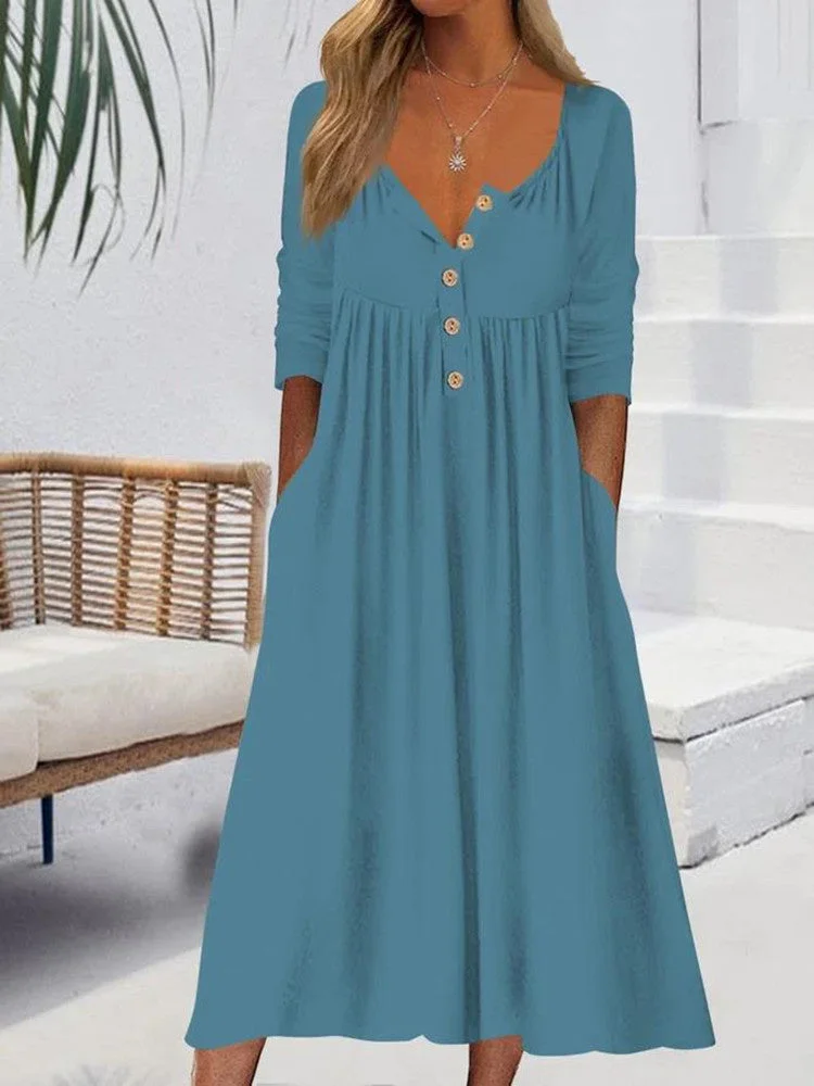 Women plus size clothing Women Long Sleeve V-neck Solid Color Midi Dress-Nordswear