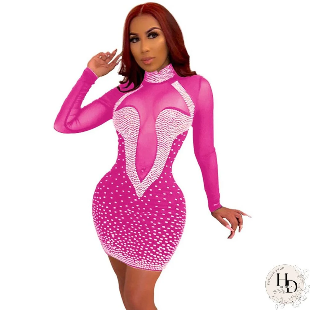 Women Sexy Night Club Dresses Bodycon Party Dress Bling Bling Rhinestone Zipper Sheer Long Sleeve Mini Dress White Black Blue Pink
