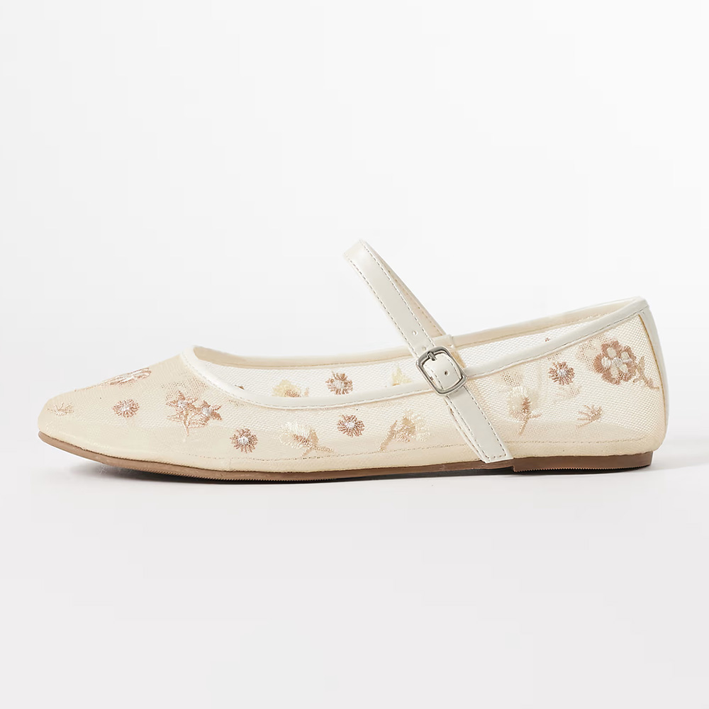 Beige Mesh Square Toe Ballet Flats Floral Mary Jane Shoes with A Strap Nicepairs
