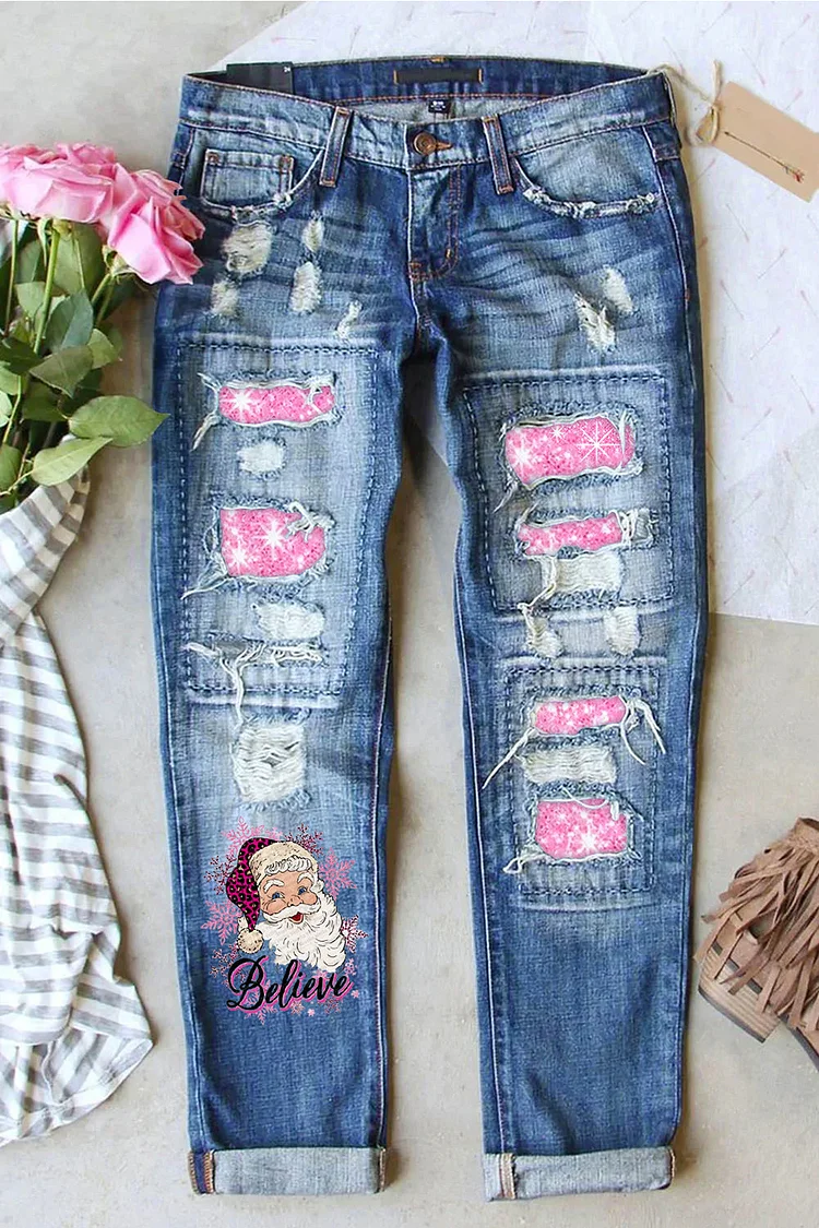 Pink Christmas Santa Print Denim Jeans