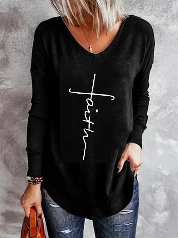 VChics Faith Cross Printed V-Neck Long Sleeves T-shirt