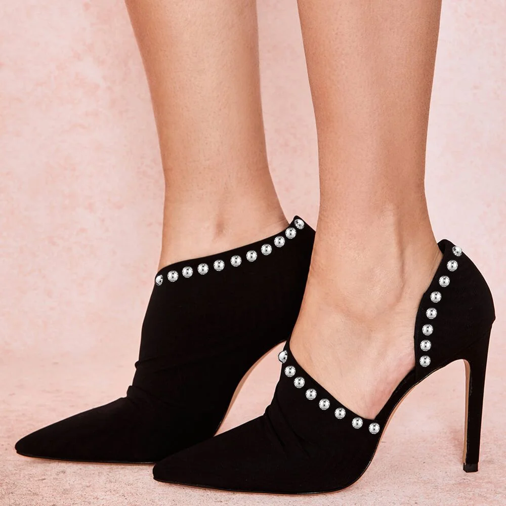 Black Suede Pumps Pointed Toe Stiletto Heels With Pearl Decors Nicepairs