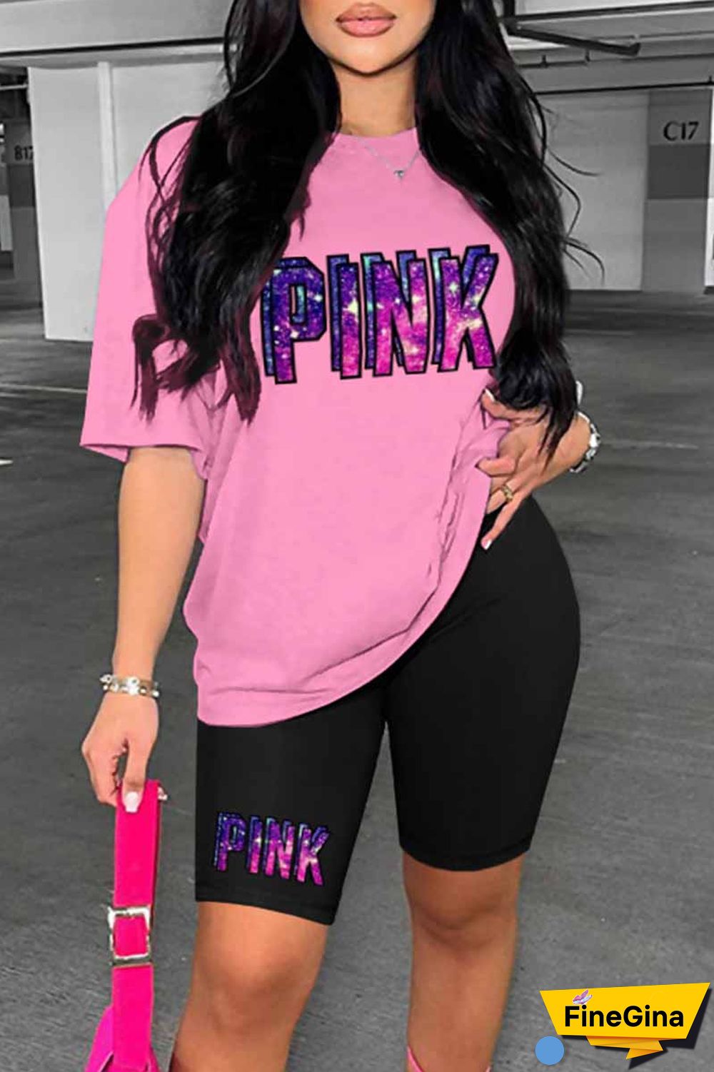 Blue Casual Print Letter O Neck Short Sleeve Two Pieces