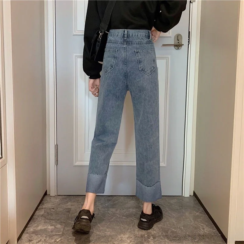 Jeans Women Casual All-match Korean Style Students Spring Cuffs High Waisted Mujer De Moda Ulzzang Fashion Pocket Streetwear Ins