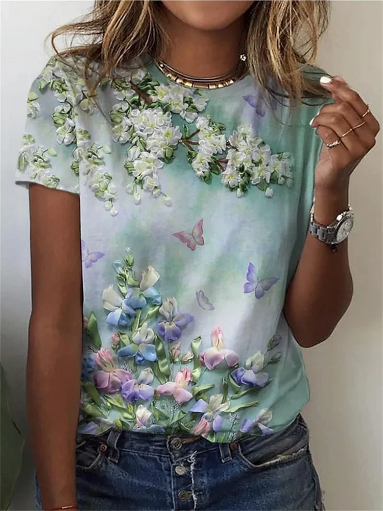 Women's Floral Print T-Shirt Crew Neck Short Sleeve Tee