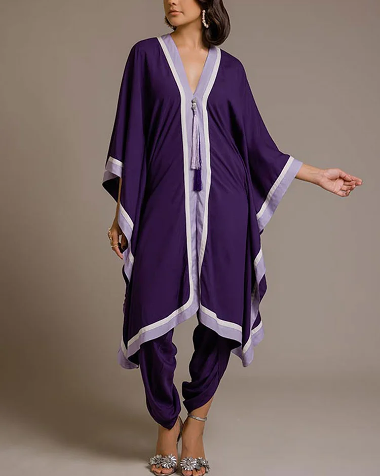 Purple Color Block Tunic and Trousers Two-Piece Set