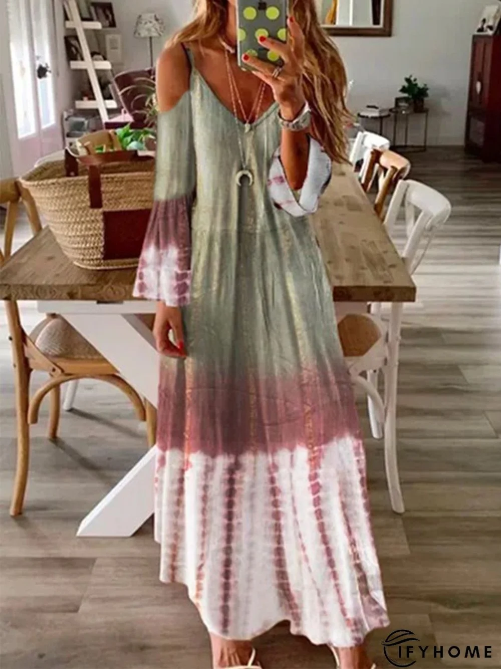 Ombre Long Sleeve Lace V Neck Casual Dress | IFYHOME