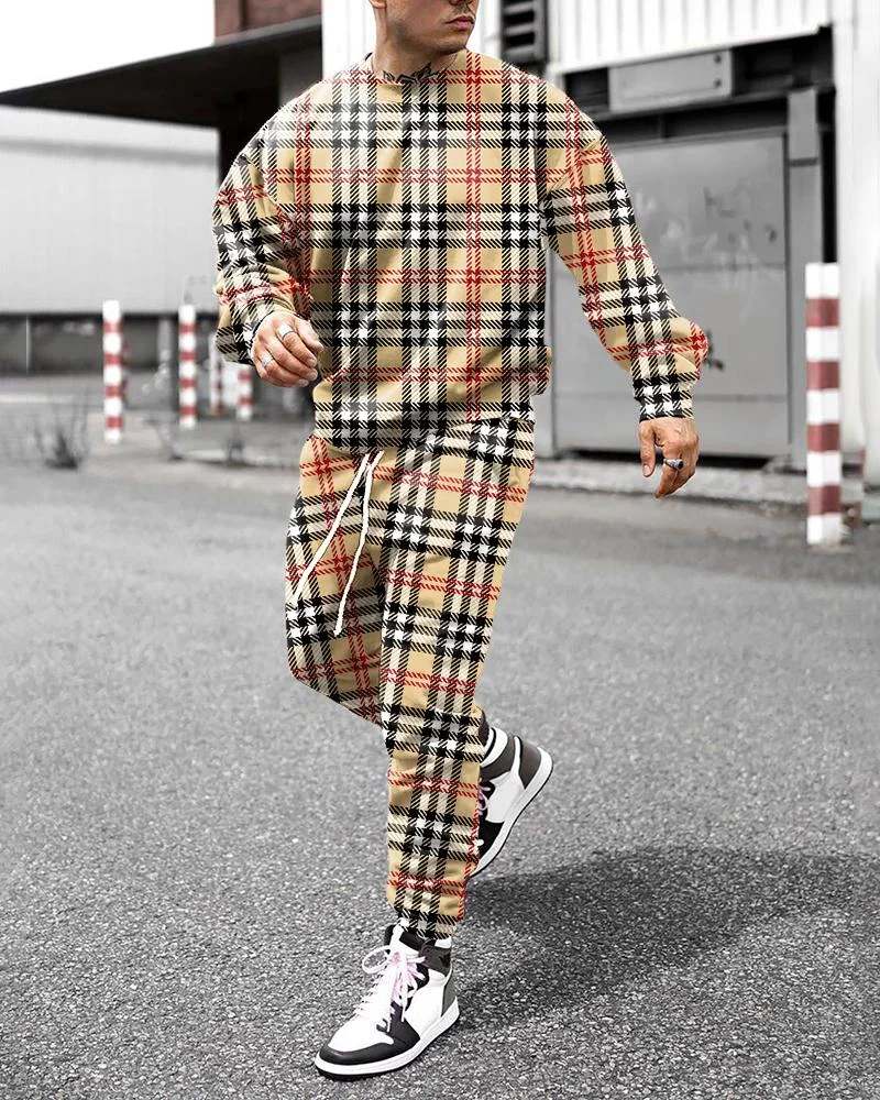 Men's Plaid Printed Leisure Sports Hoodies suits