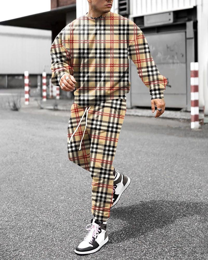 Men's Plaid Printed Leisure Sports Hoodies suits