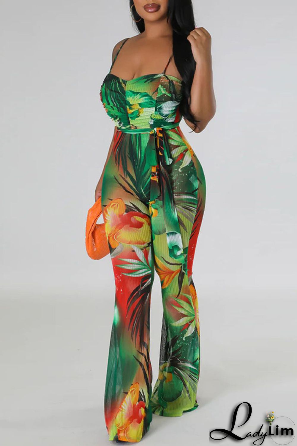 Red Sexy Print Bandage Patchwork Spaghetti Strap Regular Jumpsuits