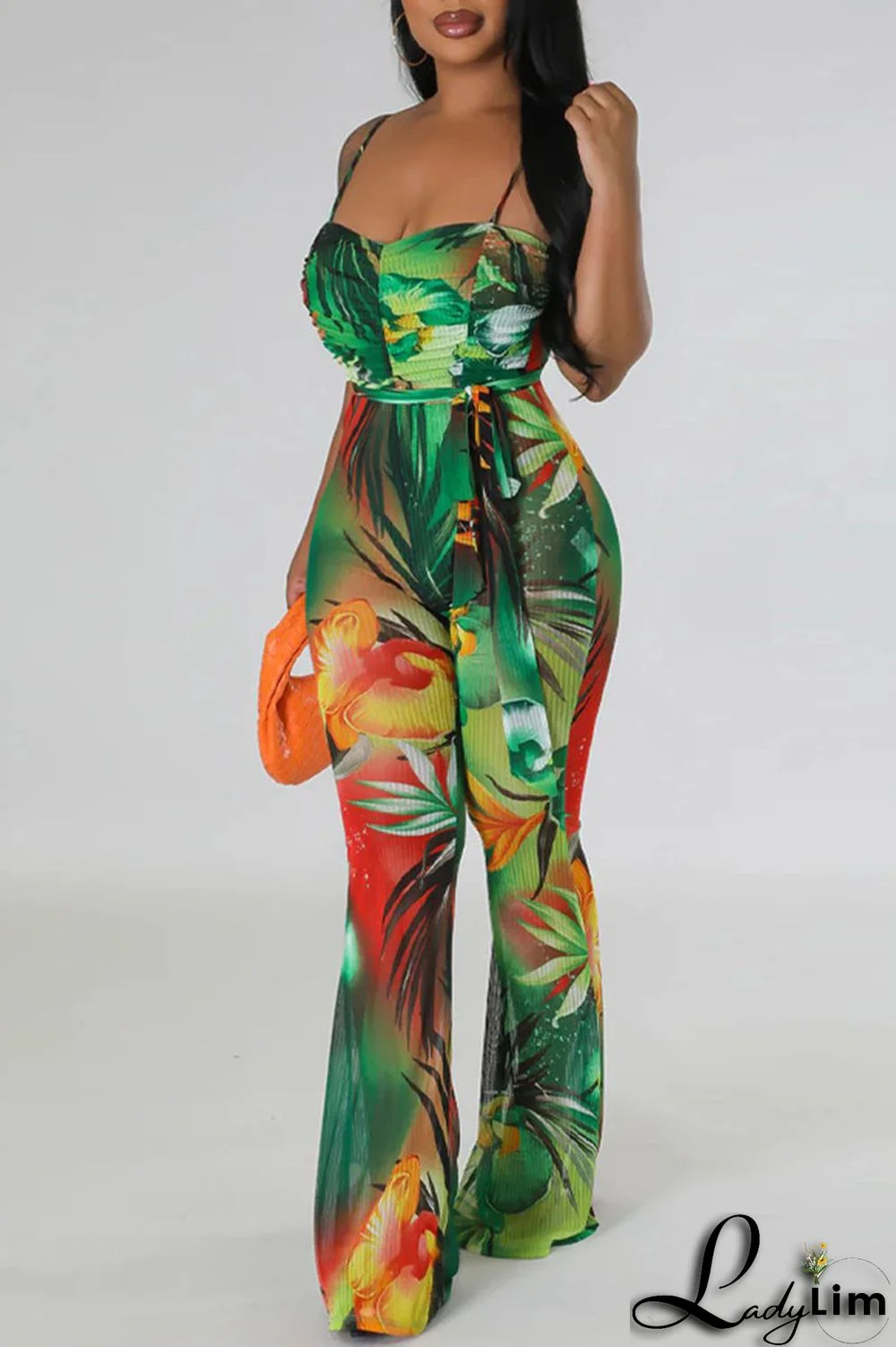 Red Sexy Print Bandage Patchwork Spaghetti Strap Regular Jumpsuits