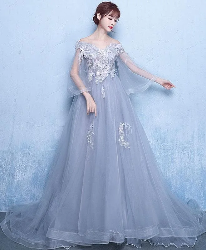 Gray Tulle Lace Long Prom Dress Gray Tulle Lace Evening Dress