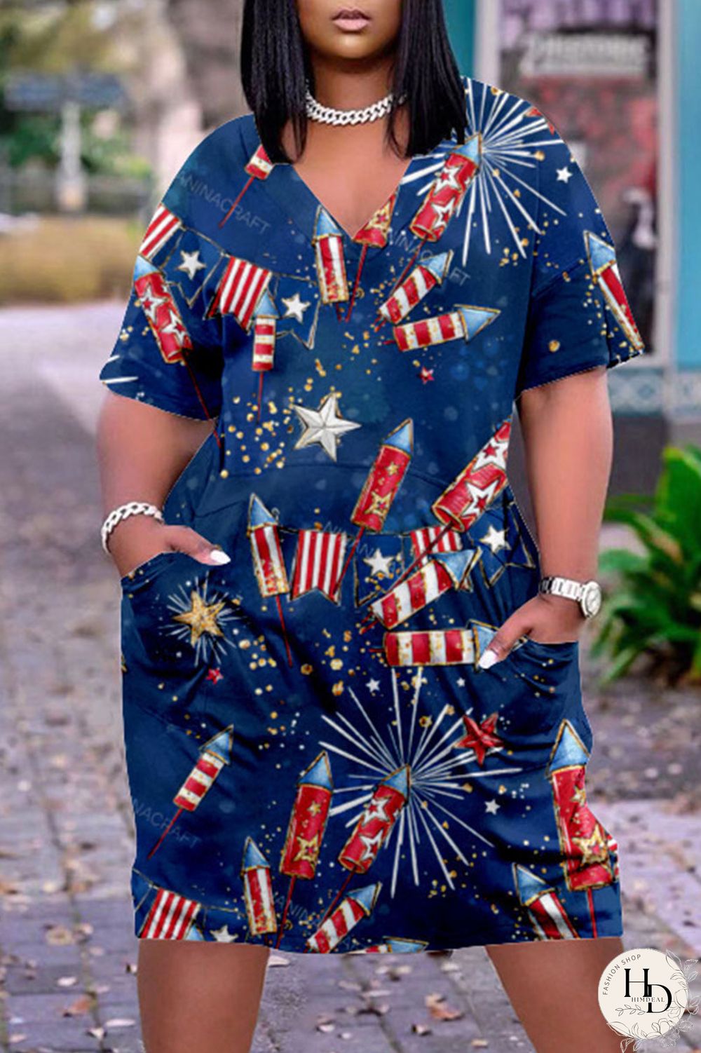 White Blue Red Casual Print Patchwork V Neck Dresses