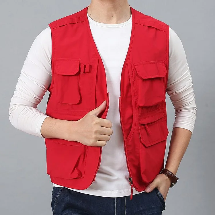 Men Utility Vest Work Zipper Tactical Work Vest Slim Pocket Jacket Thin Men's Business Shirt Multi-Pocket Outdoor Vest