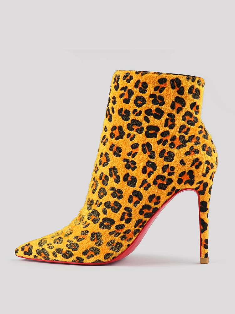 100mm Leopard Suede Women Pointed Toe Red Bottom Boots High Heels Winter Stiletto Shoes