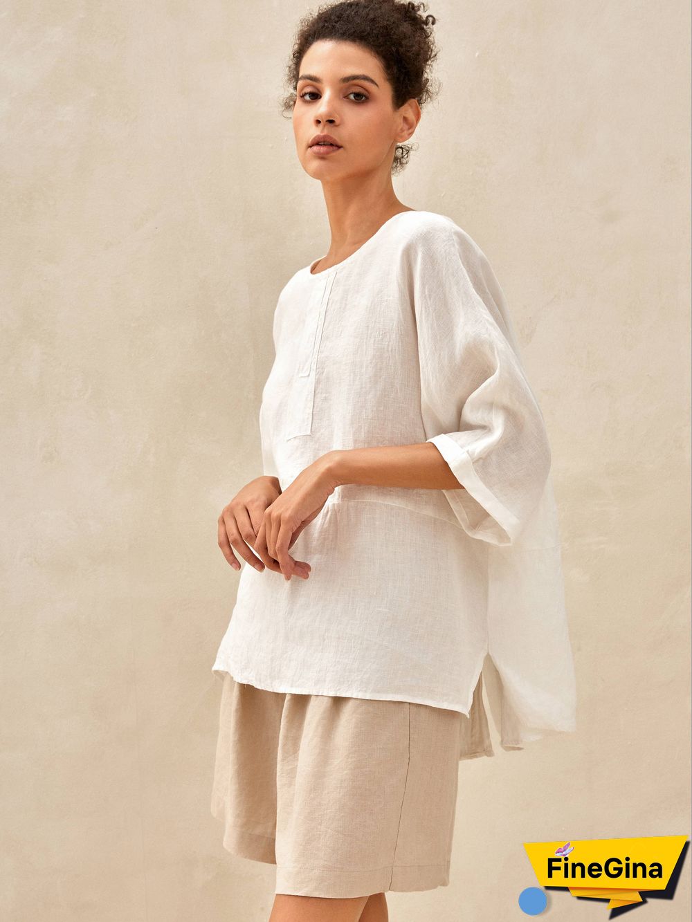 Robyn Linen Round Neck Mid-Sleeve Top