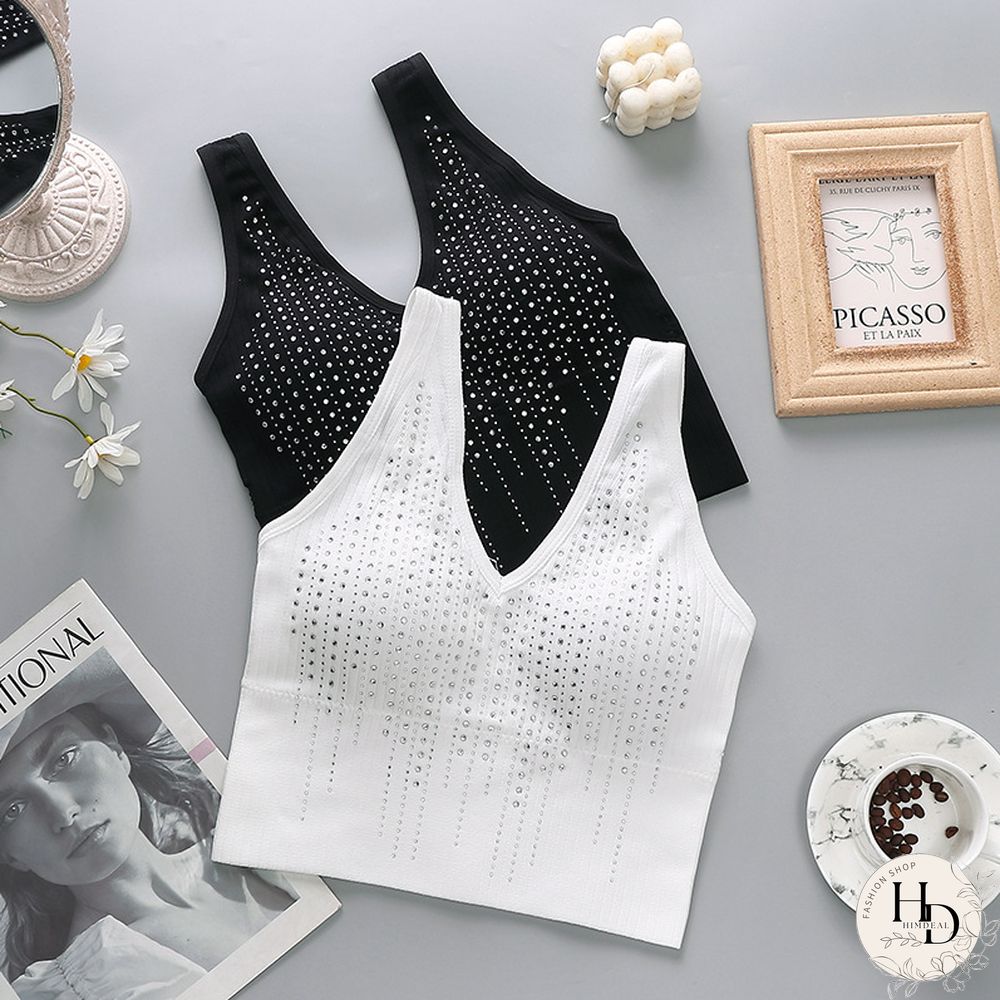 Womens Tube Top Sexy Shiny Rhinestones Camisole Female Paded Tanks White Underwear With Pad