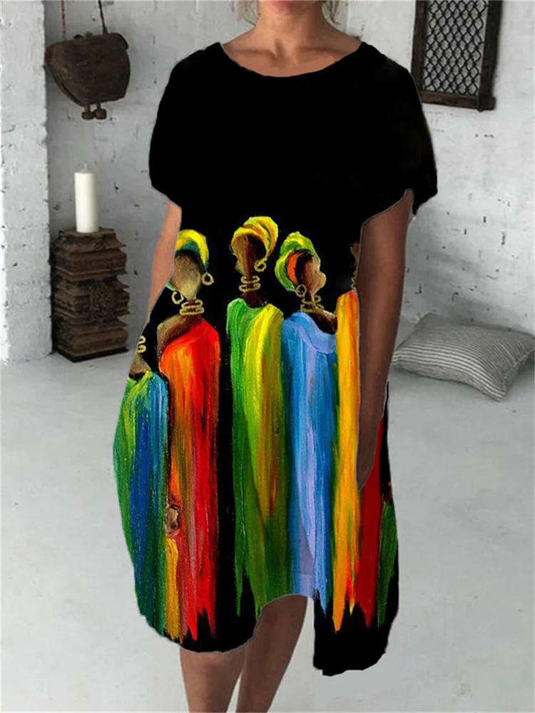Black Women Graphic Midi Dress