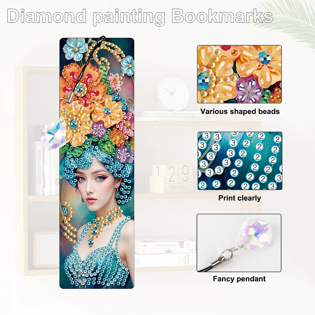 4Pcs Flower Beauty DIY Diamond Bookmark Art Projects Irregular Shaped Diamonds Diamond Painting Art Bookmarks with Crystal Pendants for DIY Making Beginners Adult Art Craft Supplies