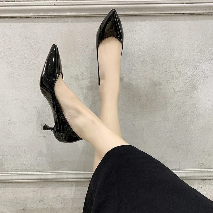 Wongn Wongn Versatile Patent Leather High Heels Fashion Fine Heel Pointed Single Shoes Working Shoes Women's Shoes