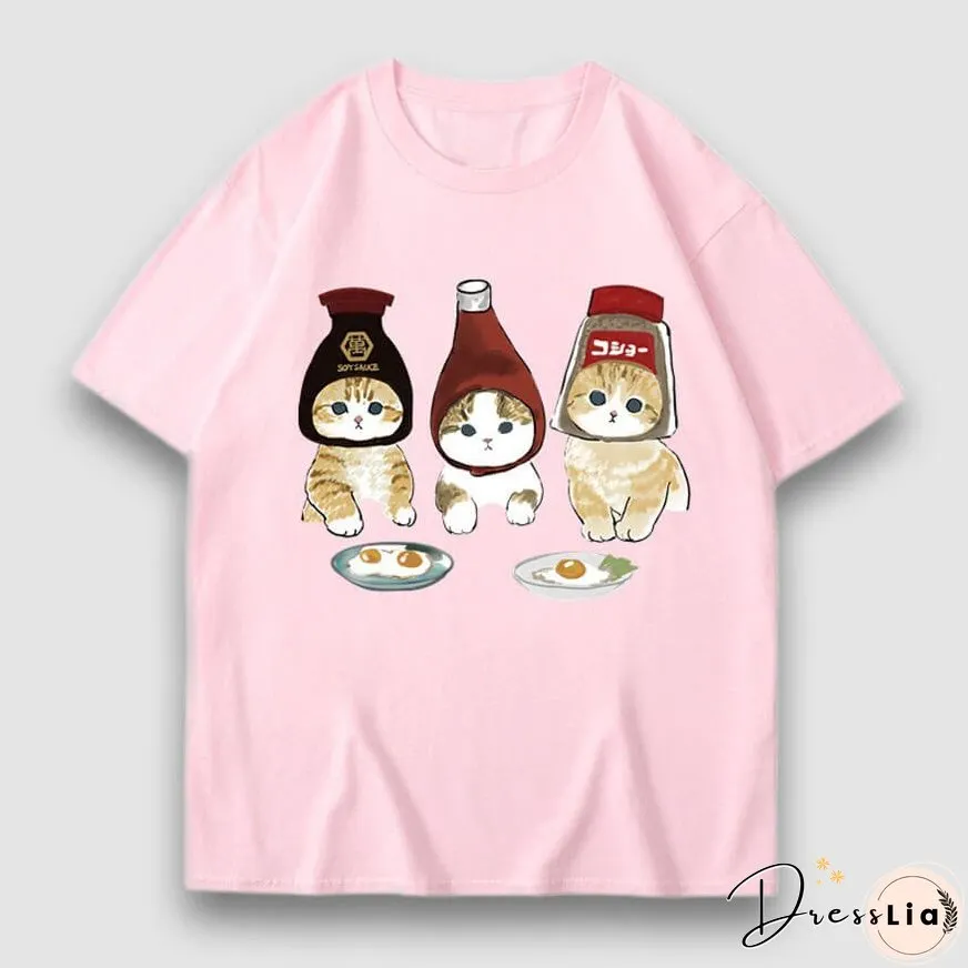 Three Cat Cartoon Print Tee