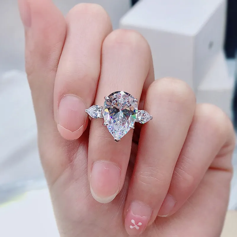 100% 925 Sterling Silver Sparkling 10*14mm Pear Multicolor High Carbon Diamond Wedding Rings For Women Fine Jewery Gifts 005
