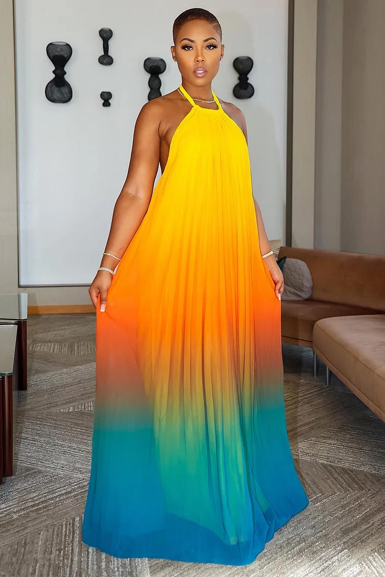 Halter Backless Ombre Print Vacation Oversized Maxi Dresses-Yellow
