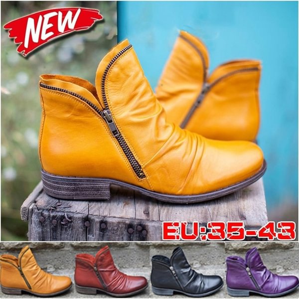 2022 New Womens Casual Shoes Low Heel Booties Leather Zipper Martin Boots Short Boots Plus Size 35-43 - Shop Trendy Women's Fashion | TeeYours