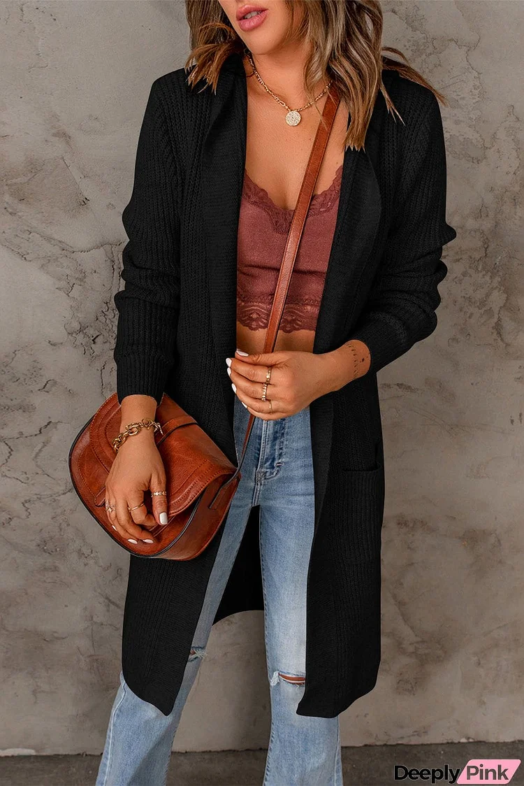 Hooded Pockets Open Front Knitted Cardigan