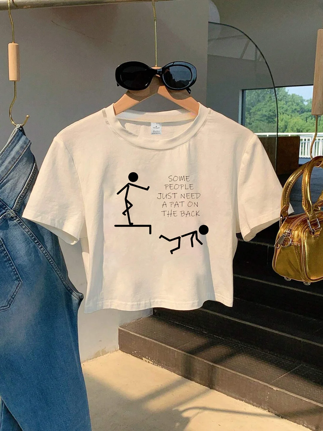 Some People Just Need A Pat On The Back Print Y2k Sweatshirt - Women's Slim Fit Cropped Short Sleeve Crew Neck Top With Geometric Pattern & Applique Details, Medium Stretch Machine Washable Spring Summer Casual Wear, Cute Sweatshirts, Everyday Comfort | IFYHOME