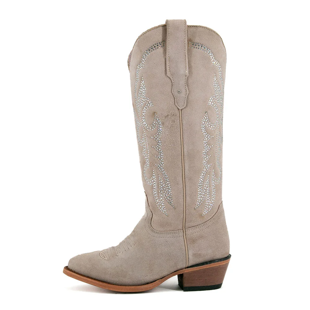 Taupe Vegan Suede Rhinestone Low Heel Almond Toe Western Boots for Women