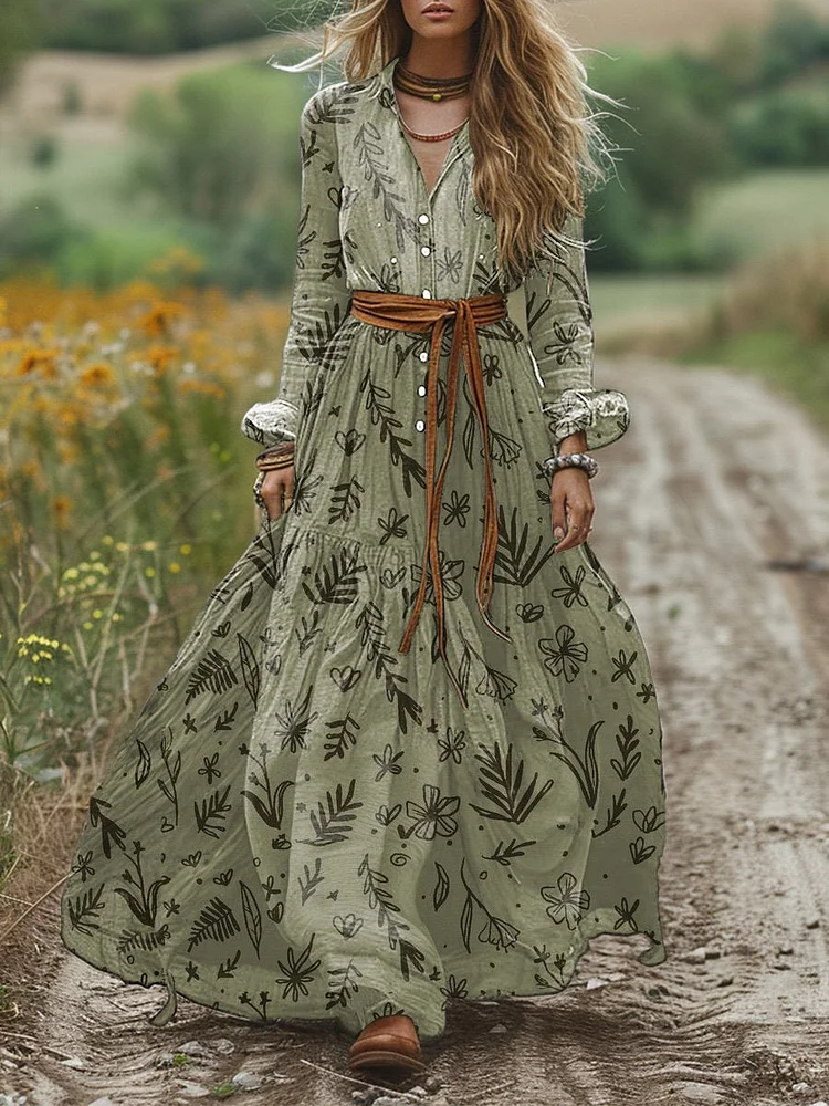 Women's Vintage Ethnic Floral Art Patterns Print Pocket Cotton Maxi Dress