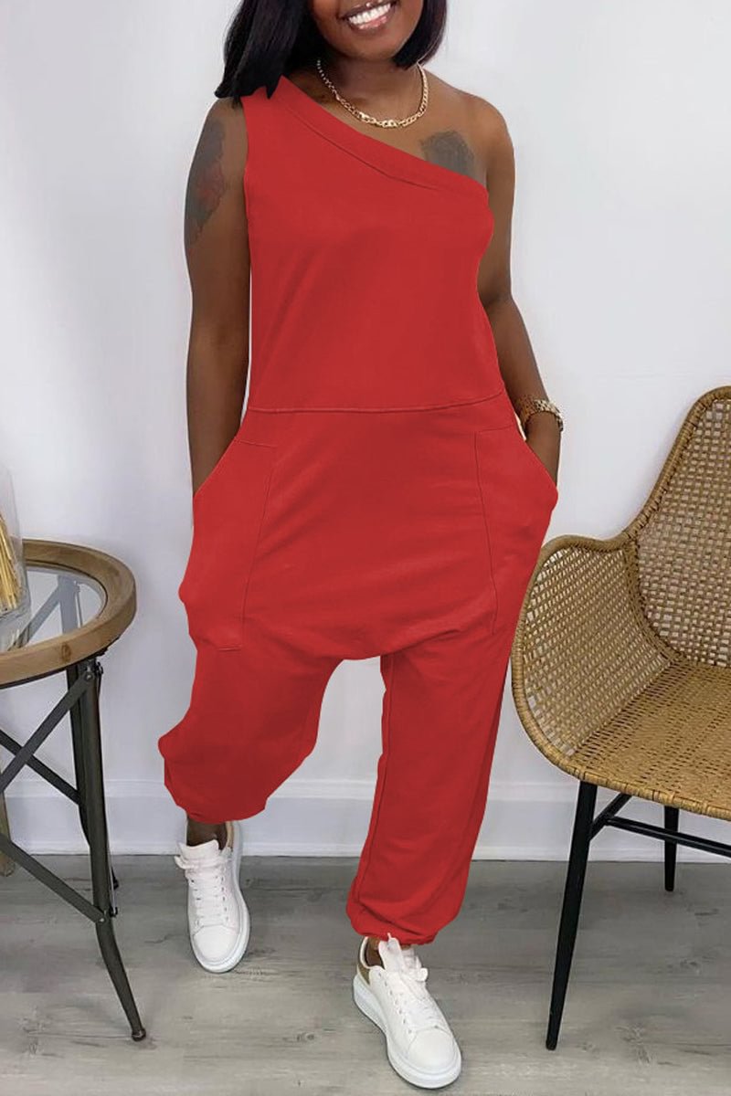 Skew Neck Solid Pocket Loose Casual Jumpsuit