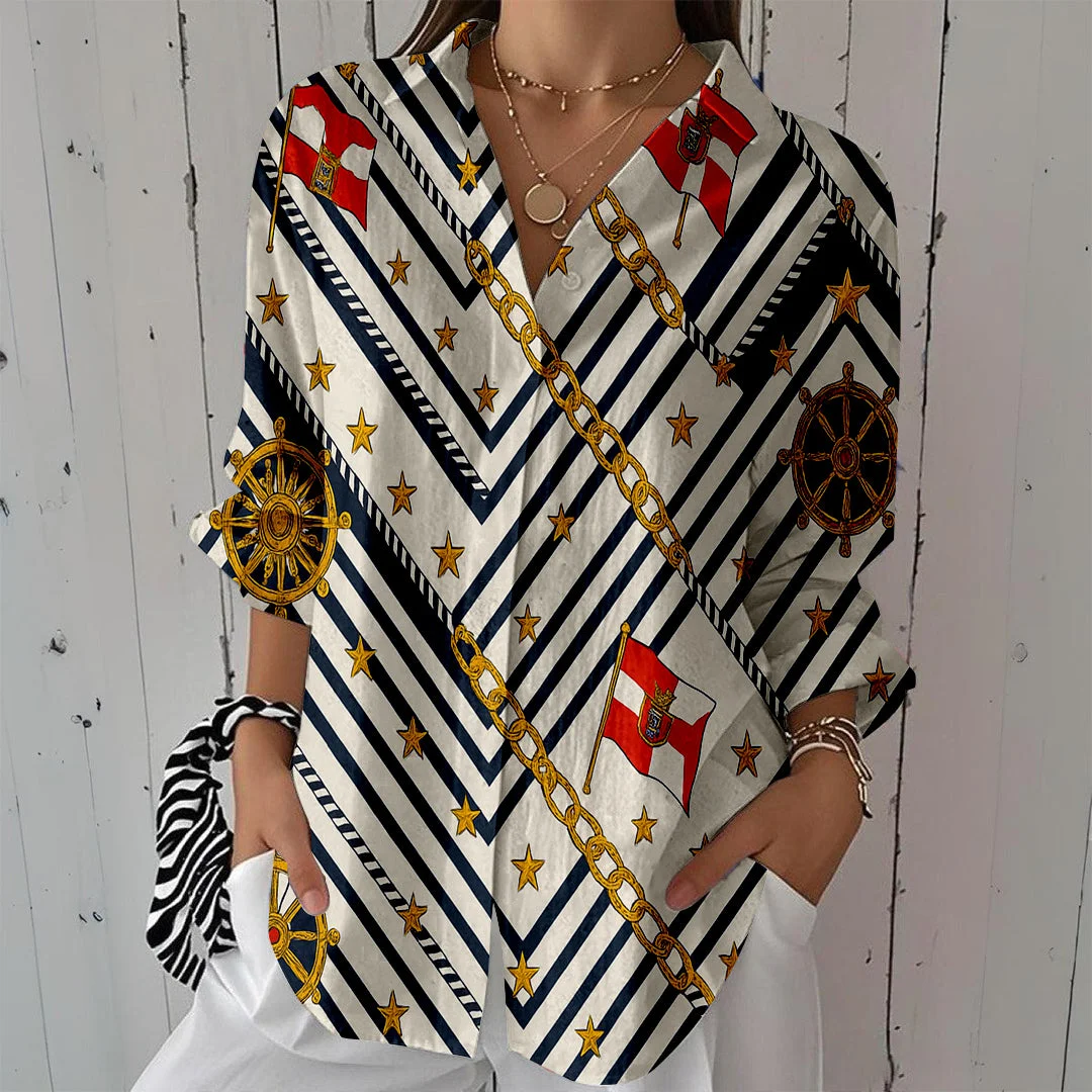 Style & Comfort for Mature Women Women Geometric, Black, Gold DZCL0374 3/4 Sleeve Shirt Collar Printed Button Tops