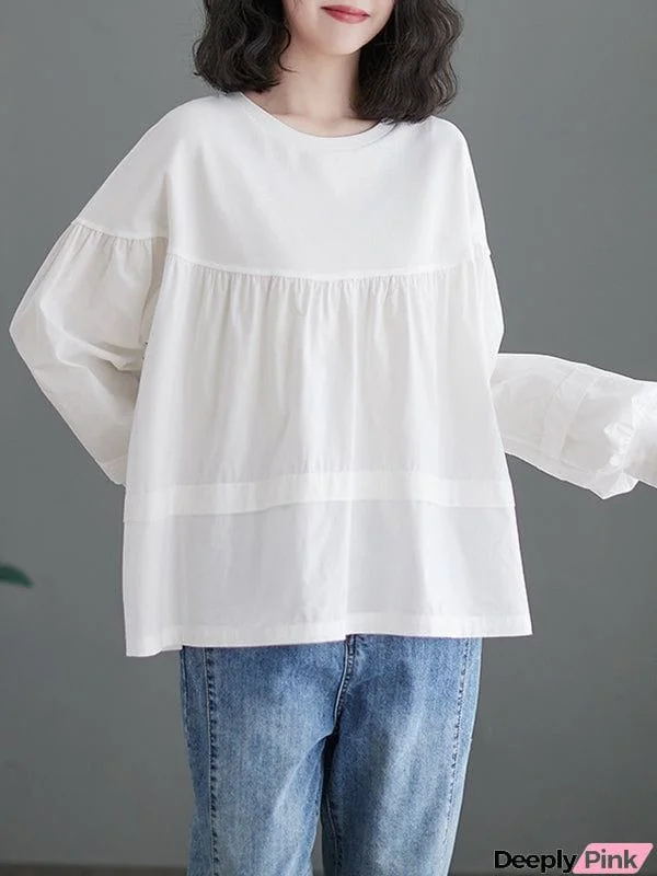 A-Line Long Sleeves Pleated Split-Joint Round-Neck T-Shirts Tops