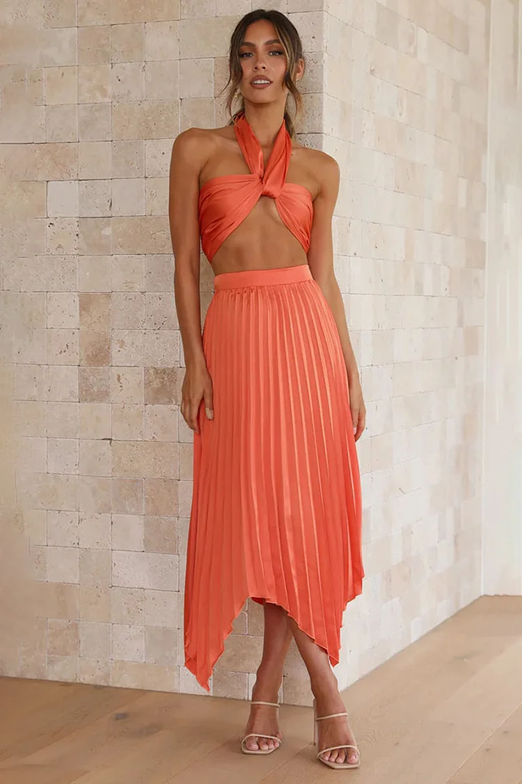 Halter Bow Sleeveless Top Pleated Irregular Hem Midi Skirt Vacation Matching Set