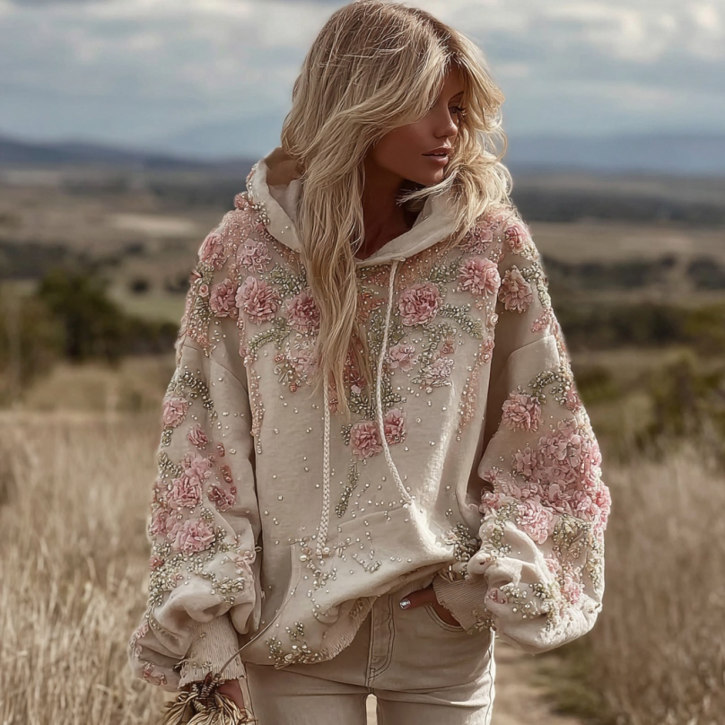 Women's Pink Floral Embroidery Art Casual Hoodie