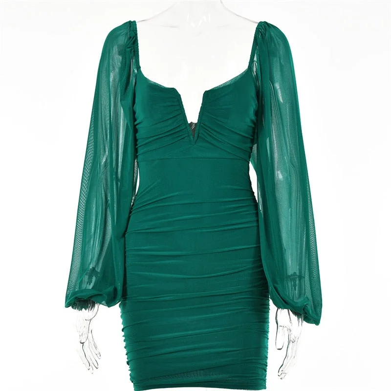 Articat Backless Pleated Dress Women New Year 2022 Elegant Casual Solid Double Layer Mesh Mini Evening Dresses Female Clothing