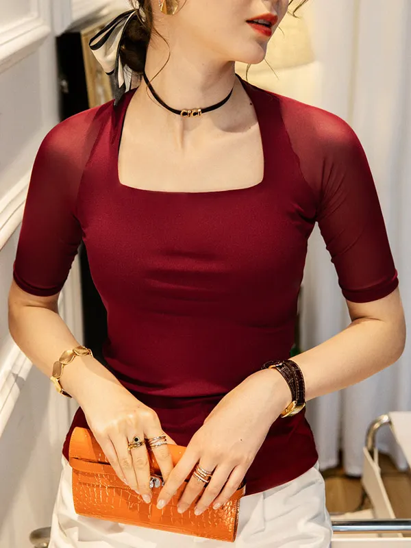 Solid-color Square-neck Front-cross-strap Short-sleeve Casual T-shirt