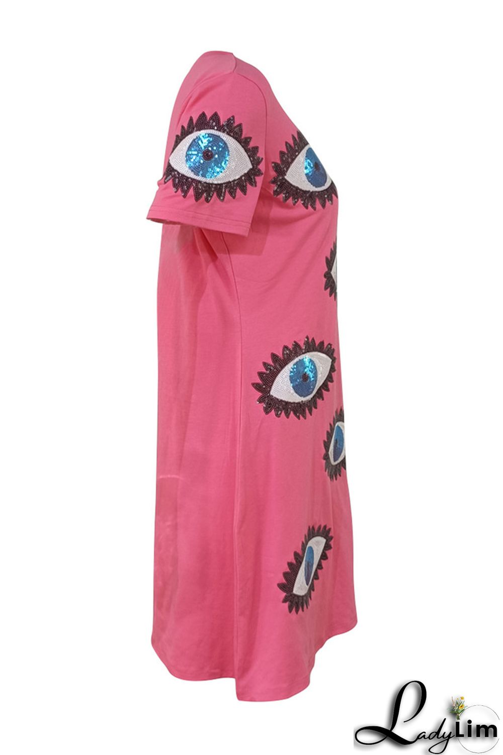 Rose Red Fashion Casual Patchwork Sequins O Neck T-shirt Dress