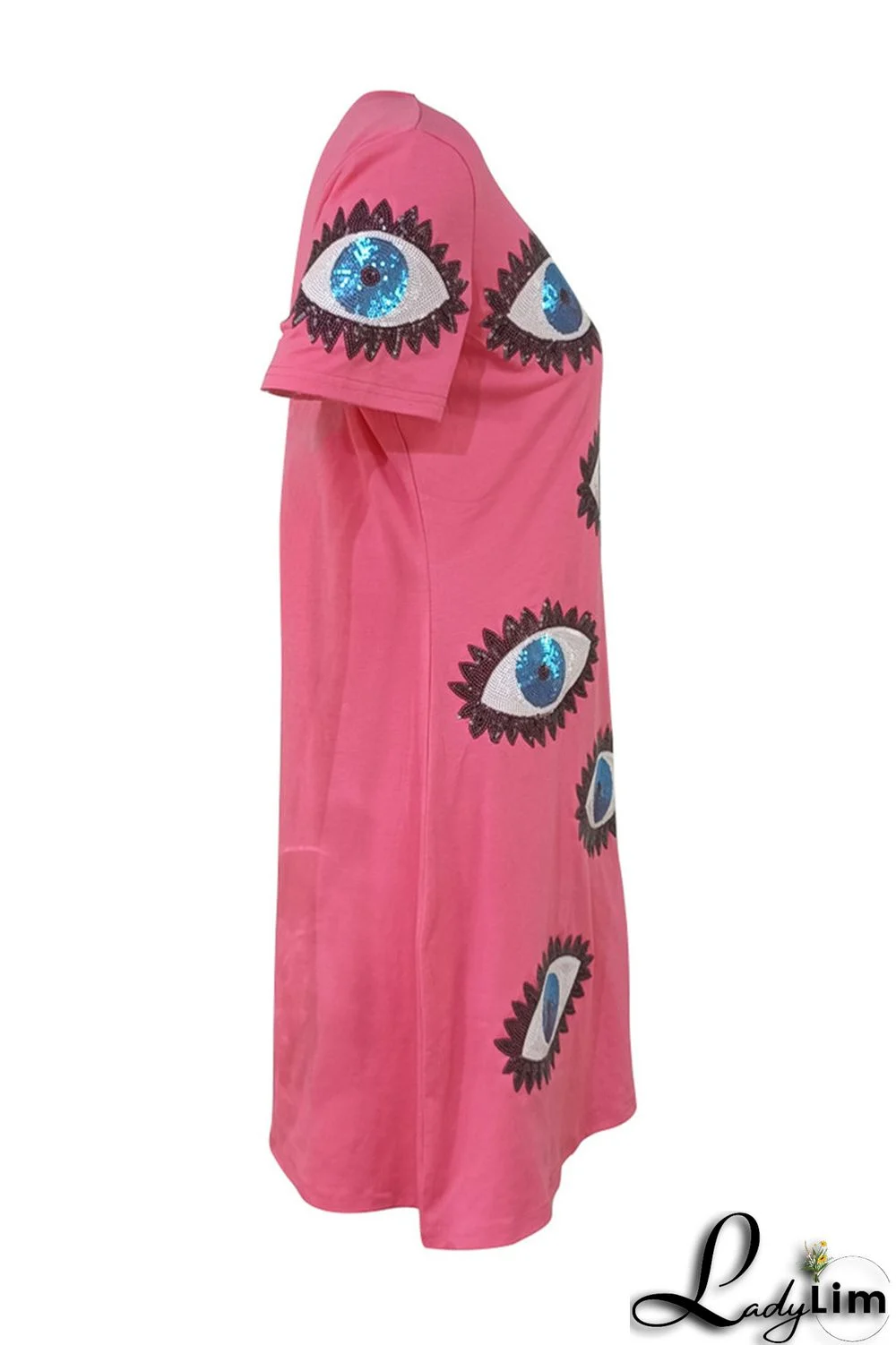 Rose Red Fashion Casual Patchwork Sequins O Neck T-shirt Dress